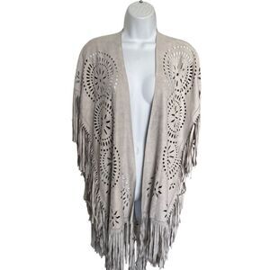 Bohemian Taupe Fringe Cardigan with Laser-Cut Design One Size
